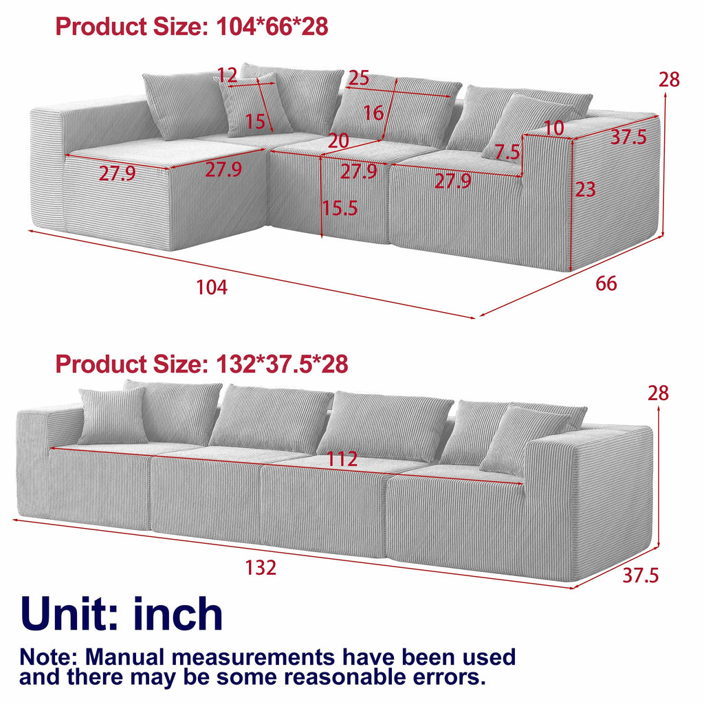 104-Inch Corduroy Modular L Shaped Sectional Sofa,Floor Couch Set,Foam-Filled Compressed Sofa,4 PC Free Combination
