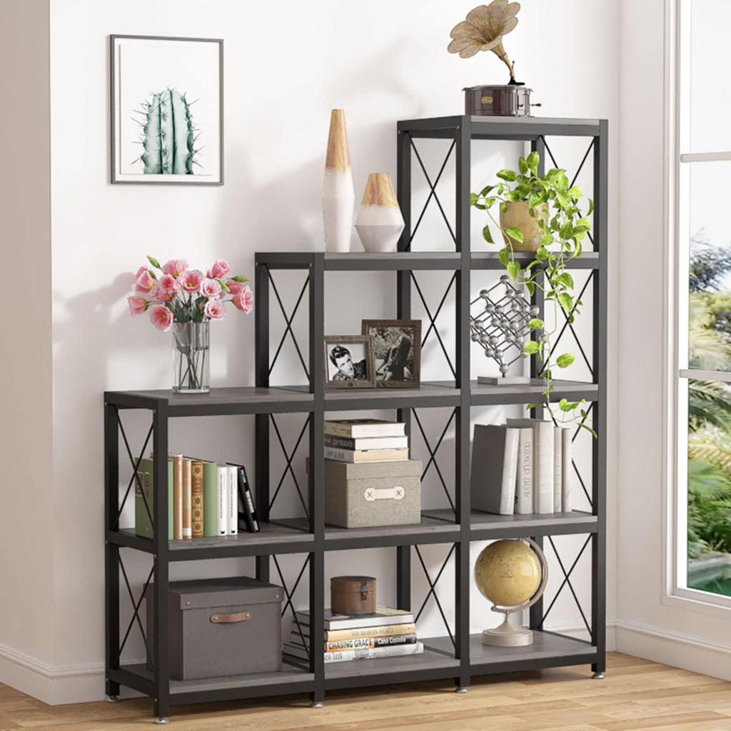 12 Shelves Ladder Bookshelf, Industrial Corner Bookshelf