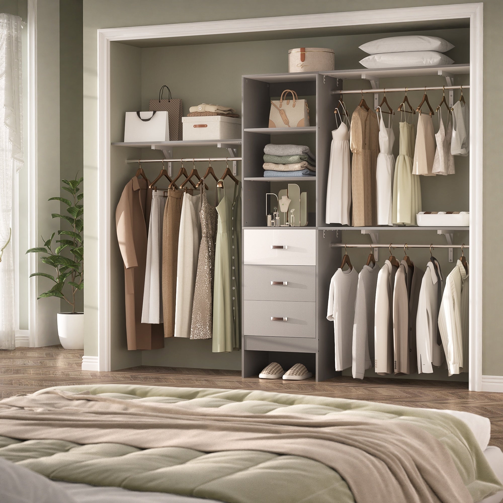 Rackcog 120'' Adjustable Closet Organizer with Drawers, Closet System with DIY Shelves for Reach-in and Walk-in Closet