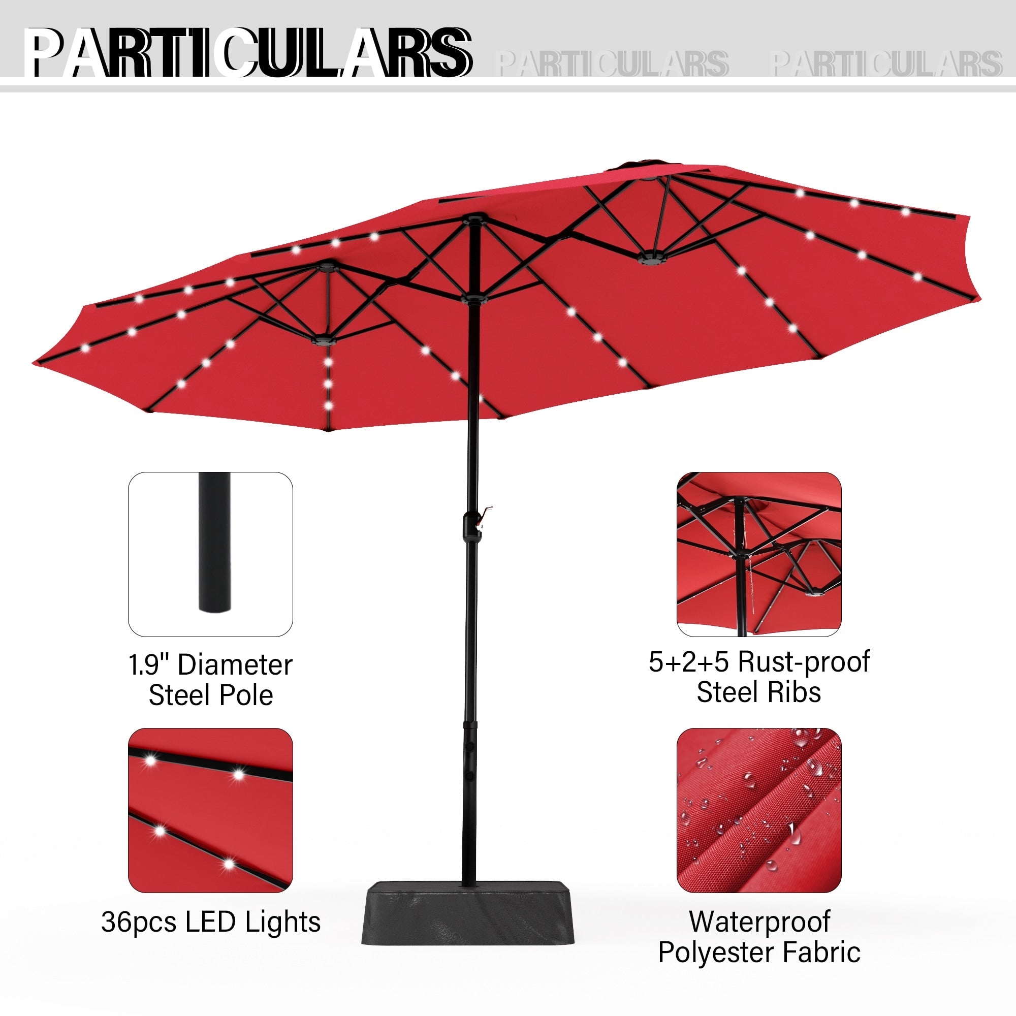 MAISON ARTS 15-foot Rectangular Crank Double-sided Outdoor Market Umbrella Solar LED Lighted Patio Umbrella with Base Included