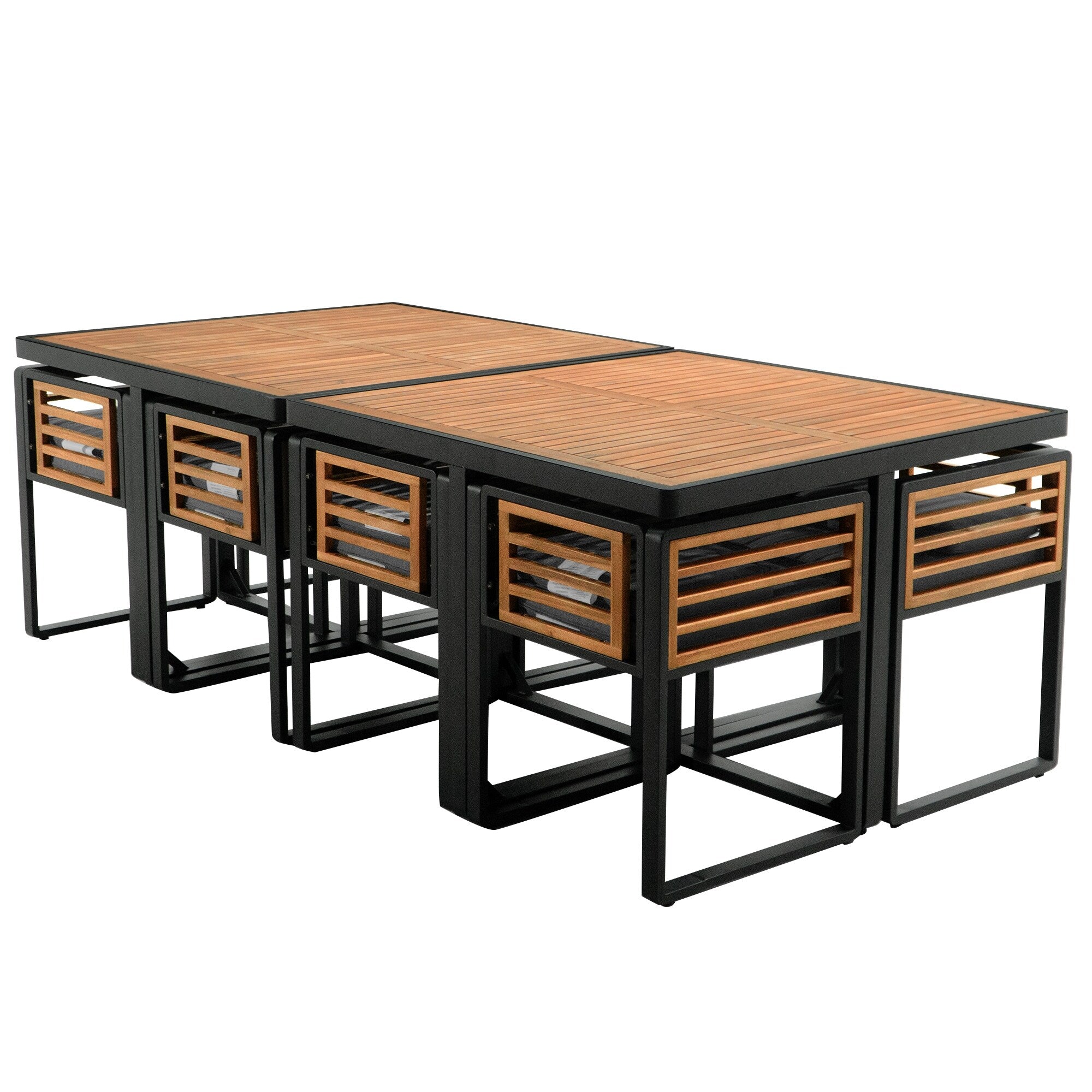 18-Pieces Acacia Wood Patio Dining Set, 8 Cushioned Chairs & 8 Ottomans & 2 Square Table