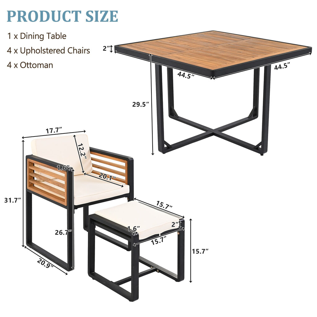 18-Pieces Acacia Wood Patio Dining Set, 8 Cushioned Chairs & 8 Ottomans & 2 Square Table