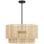 4-Light Rattan Tiered Drum Chandelier Light with Black Canopy - 22'' W
