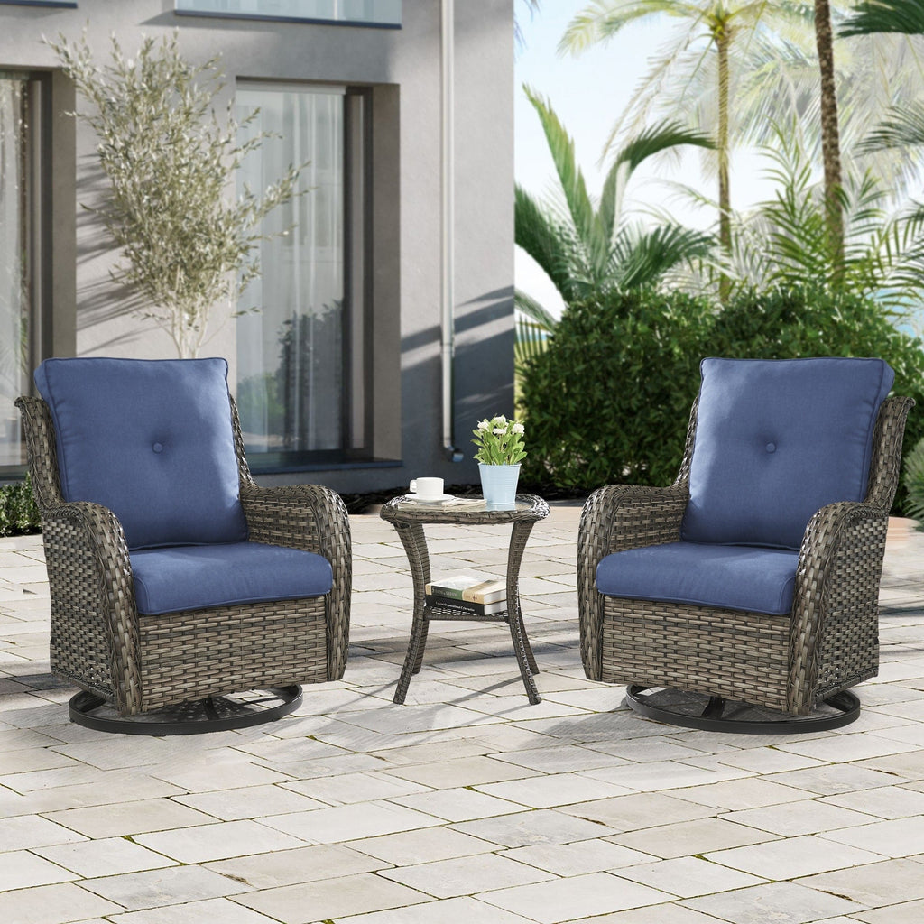 Gymojoy 3 Piece Outdoor Wicker Swivel Rocker with Cushion & Table