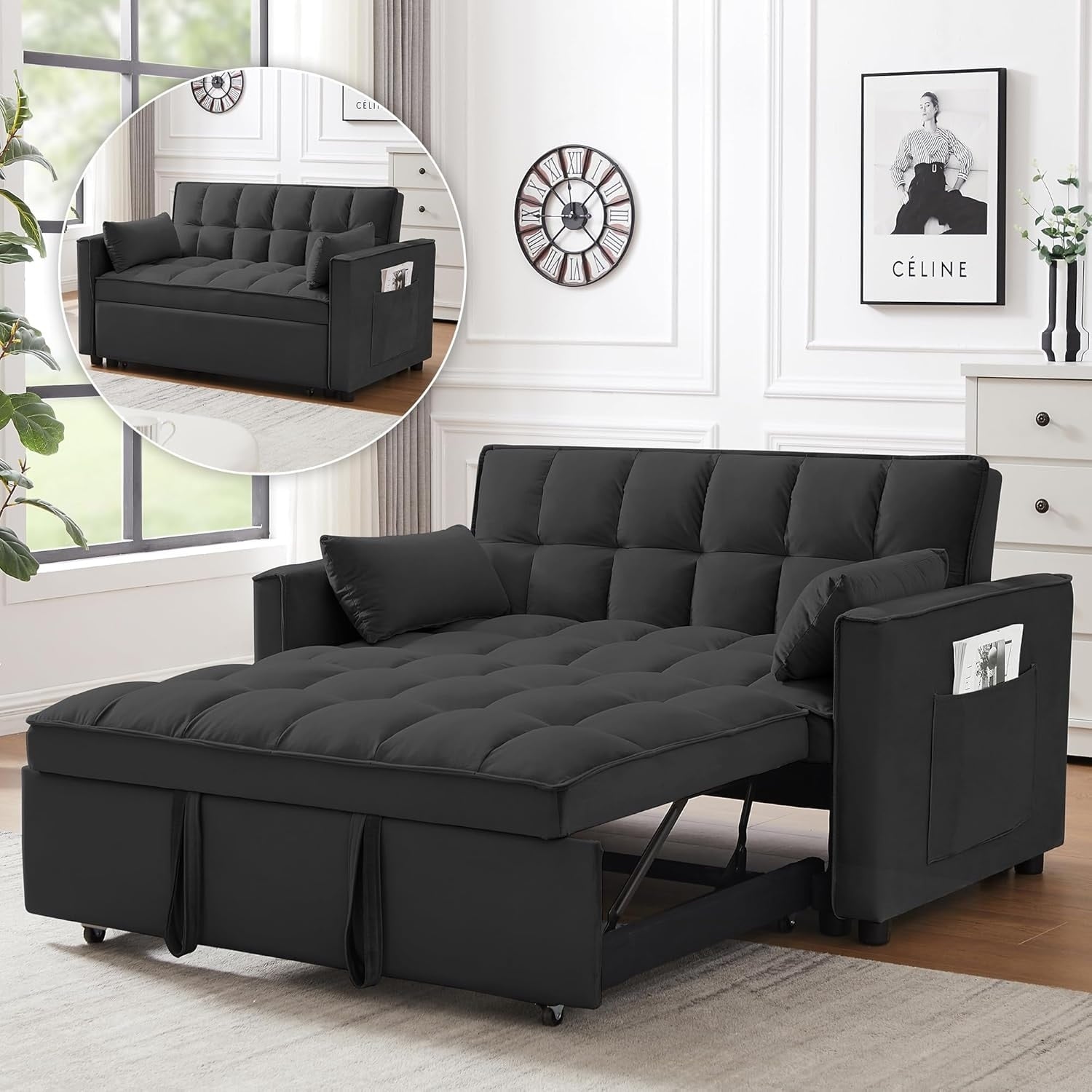 3-in-1 Convertible Sleeper Sofa Bed - Velvet Futon Couch with Adjustable Backrest & Side Pocket for Small Spaces