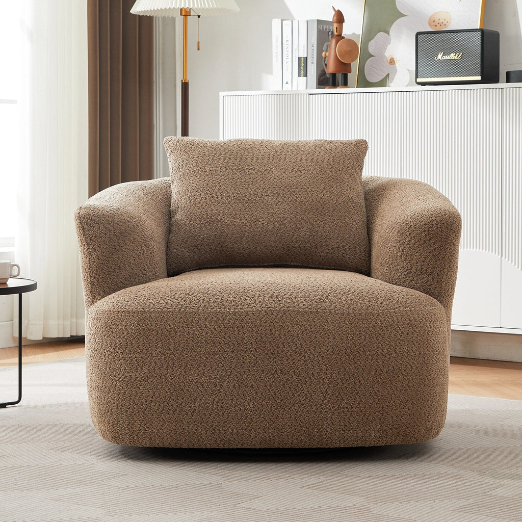 360° Swivel Chair, 38.2 Boucle Accent Chair with Throw Pillow, Upholstered Barrel Sofa Chair with Curved Armrests