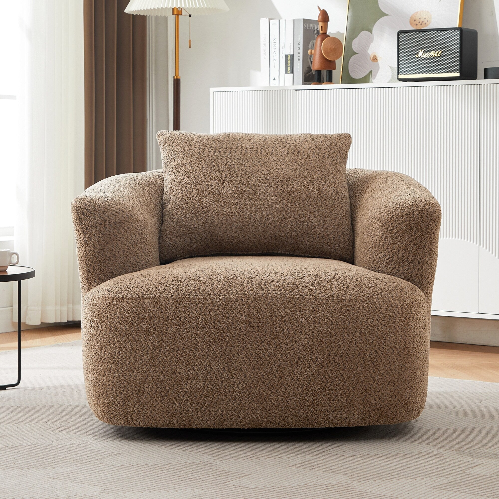 360° Swivel Chair, 38.2 Boucle Accent Chair with Throw Pillow, Upholstered Barrel Sofa Chair with Curved Armrests