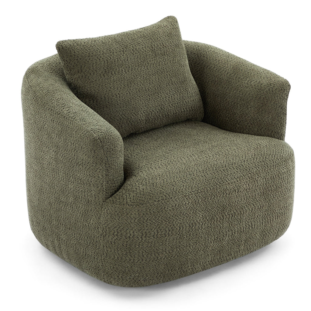 360° Swivel Chair, 38.2 Boucle Accent Chair with Throw Pillow, Upholstered Barrel Sofa Chair with Curved Armrests