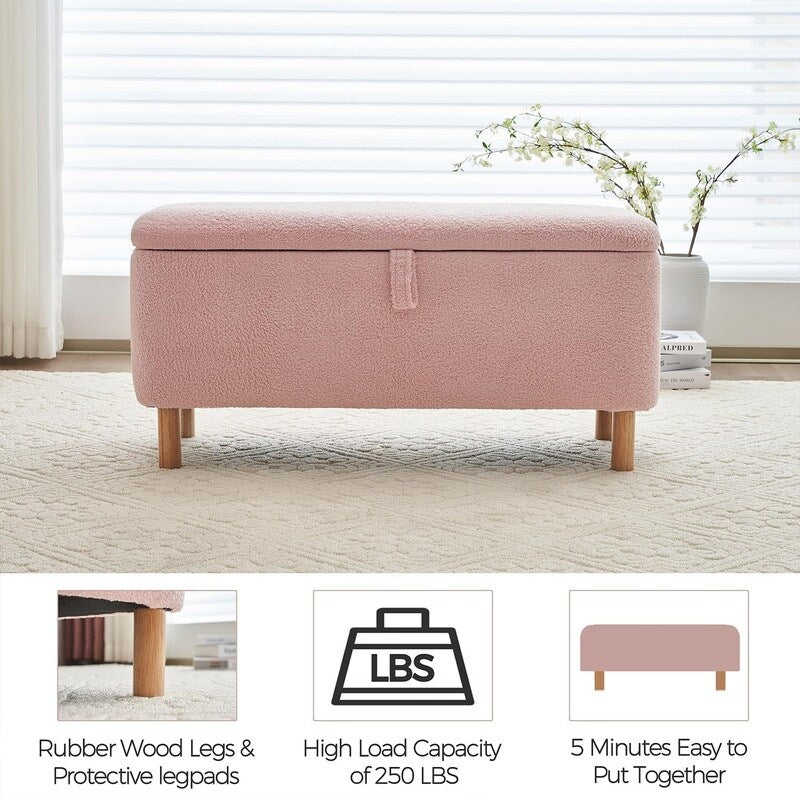 39.5 Off White Boucle Storage Ottoman Bench Sherpa Storage Bench Ottoman Foot Rest End of Bed for Living Room Bedroom,Wood Leg