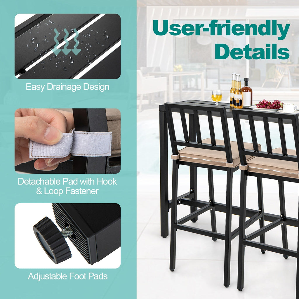 3PCS Patio Dining Table Set Metal Bar Table & Chairs Set with Cushion