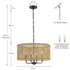 4-Light Bohemian Hand Woven Drum Chandelier - Straw - 20 in. W