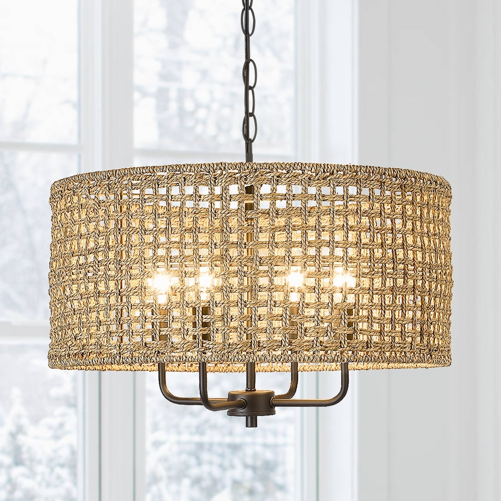 4-Light Bohemian Hand Woven Drum Chandelier - Straw - 20 in. W