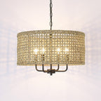 4-Light Bohemian Hand Woven Drum Chandelier - Straw - 20 in. W