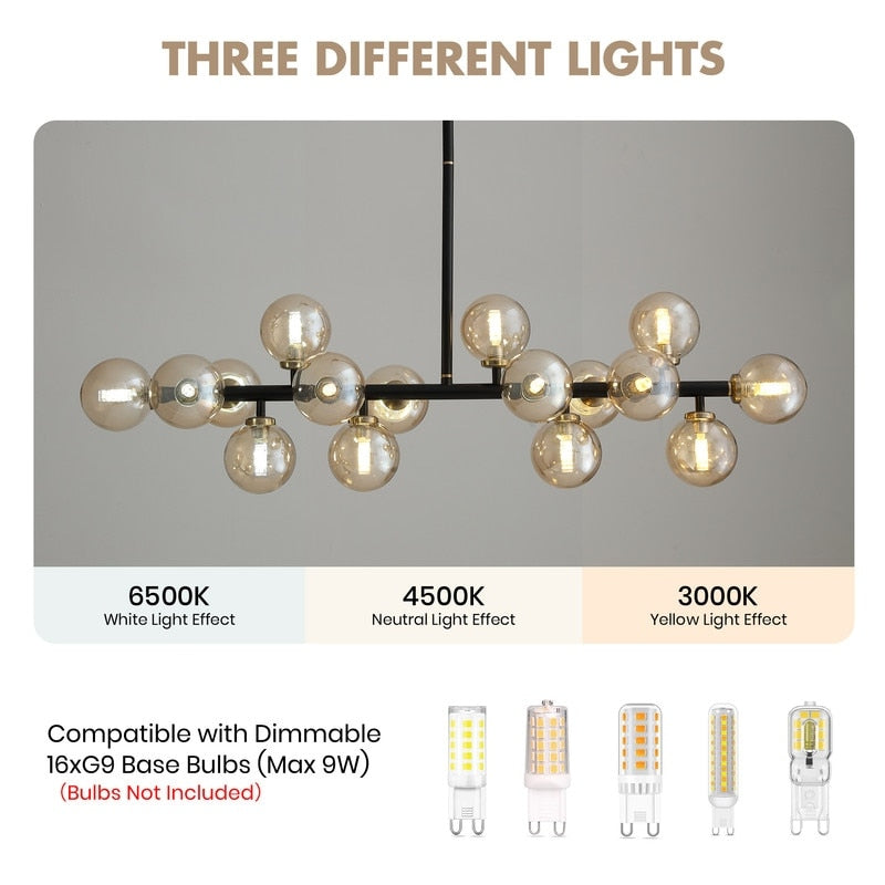 40 in. Linear Mid Century Modern Chandelier 16-Light Gold Brass Sputnik Pendant Light with Frosted Glass Globe for Dining Room