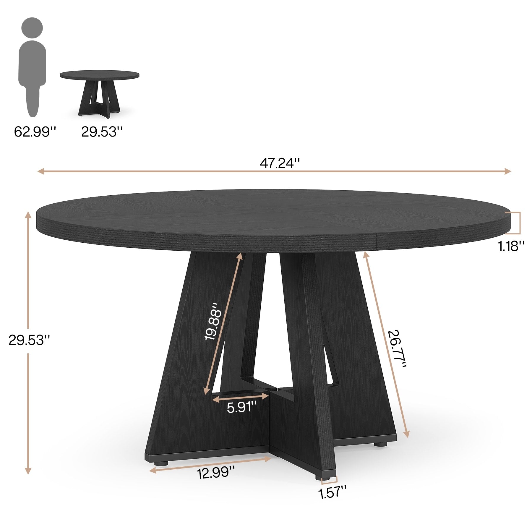 47 Round Dining Table for 4, Farmhouse Kitchen Table Small Dinner Table Wood Kitchen Table for Dining Room Living Room