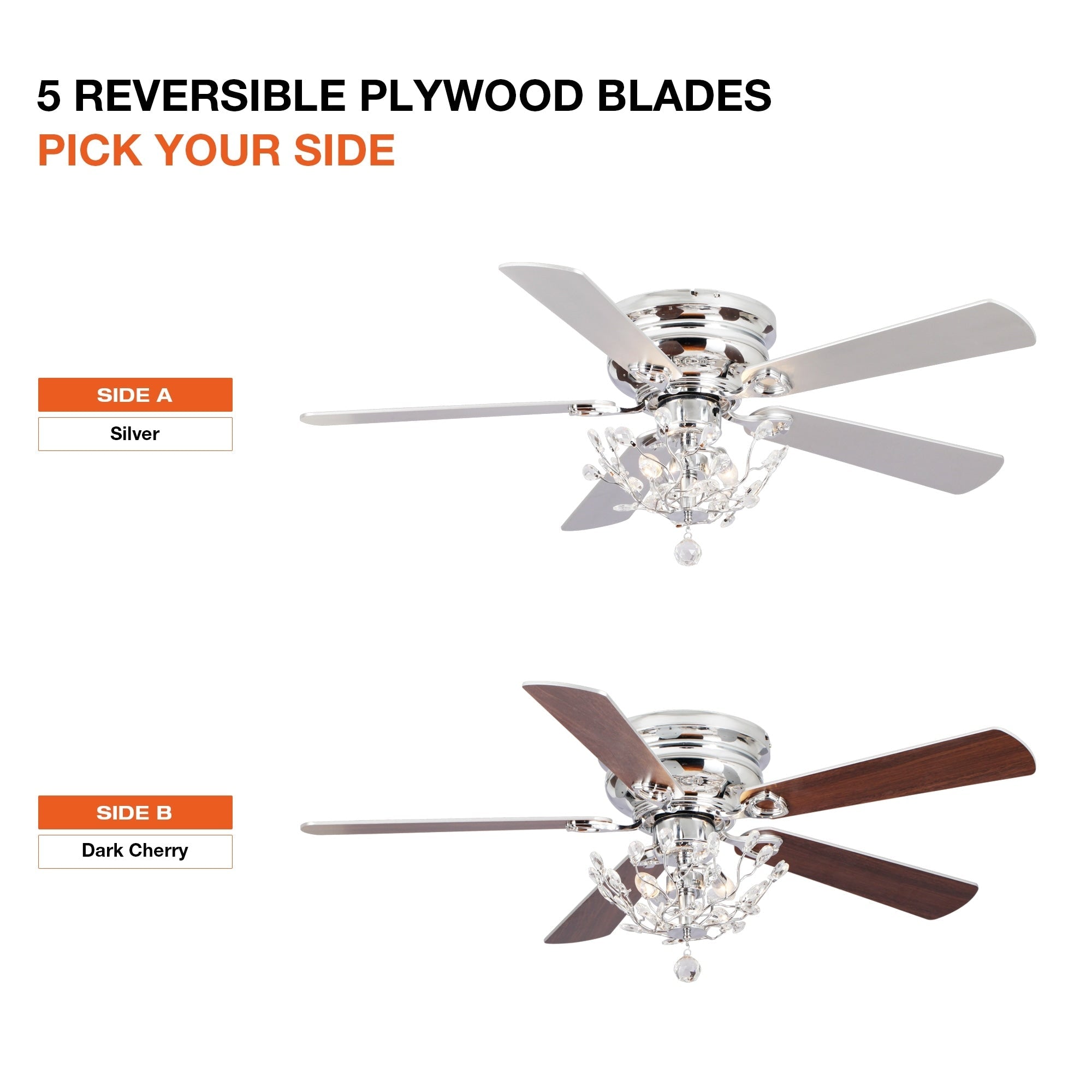 48 Modern Reversible 5-Blade Crystal Flush Mount Ceiling Fan with Remote