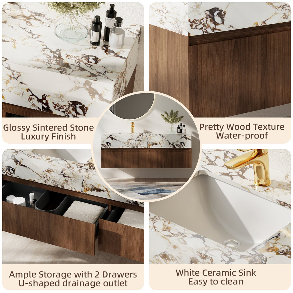 48'' Modern Single Bathroom Vanities, With Glossy Faux Marble Top, Solid Wood