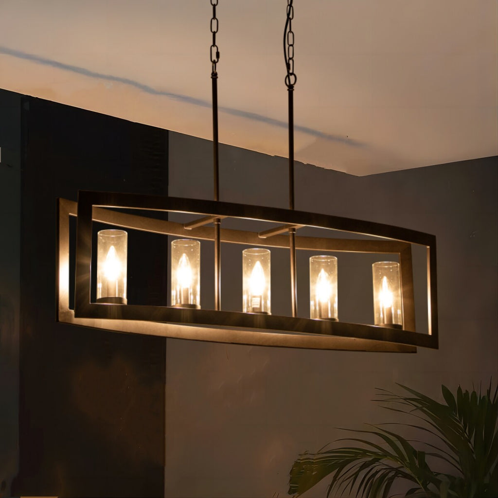 5-Light Mid-Century Modern Industrial Linear Kitchen Island Pendant Vintage Rectangle Glass Chandelier