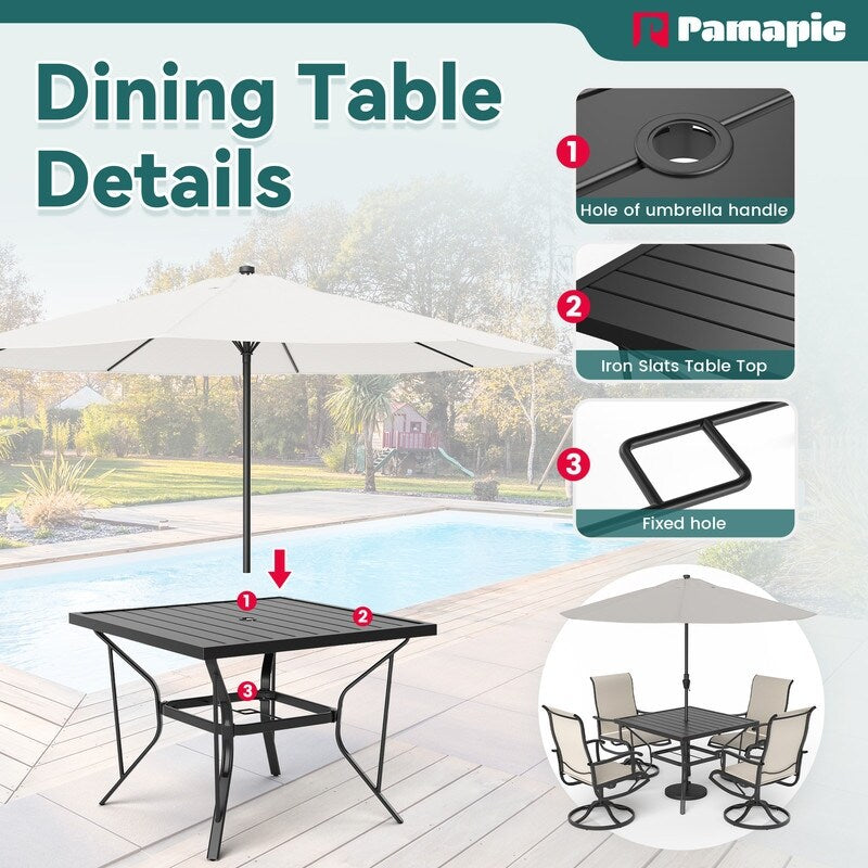 5-Piece Metal Outdoor Patio Dining Set with Square Table and Textilene Swivel Chairs