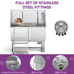 50'' W Stainless Steel Adjustable Pet Grooming Tub with Steps Ramp