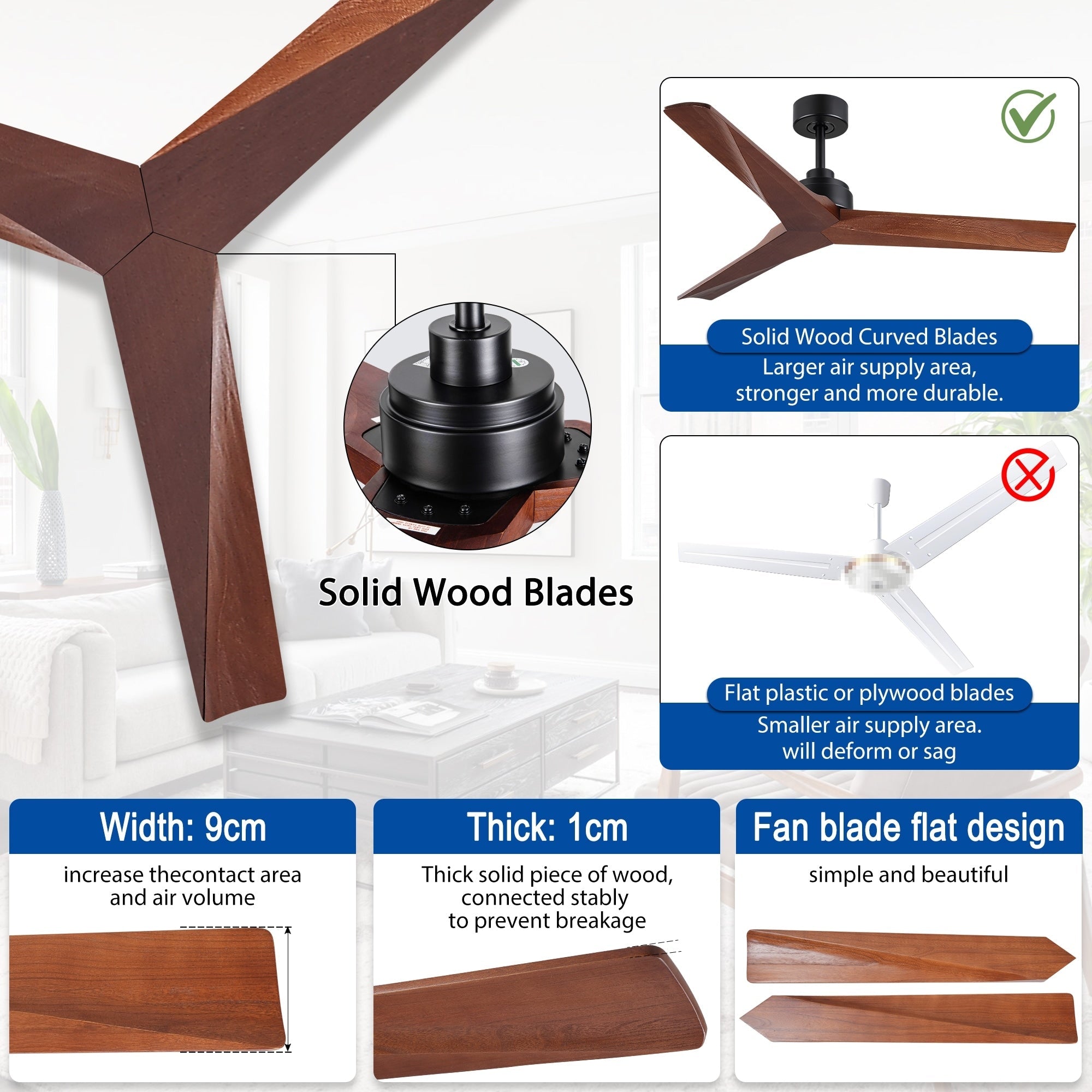 52 inch Modern Solid Wood / ABS Ceiling Fan With Remote Control(No Light),6 WInd Speed,Reversible Airflow