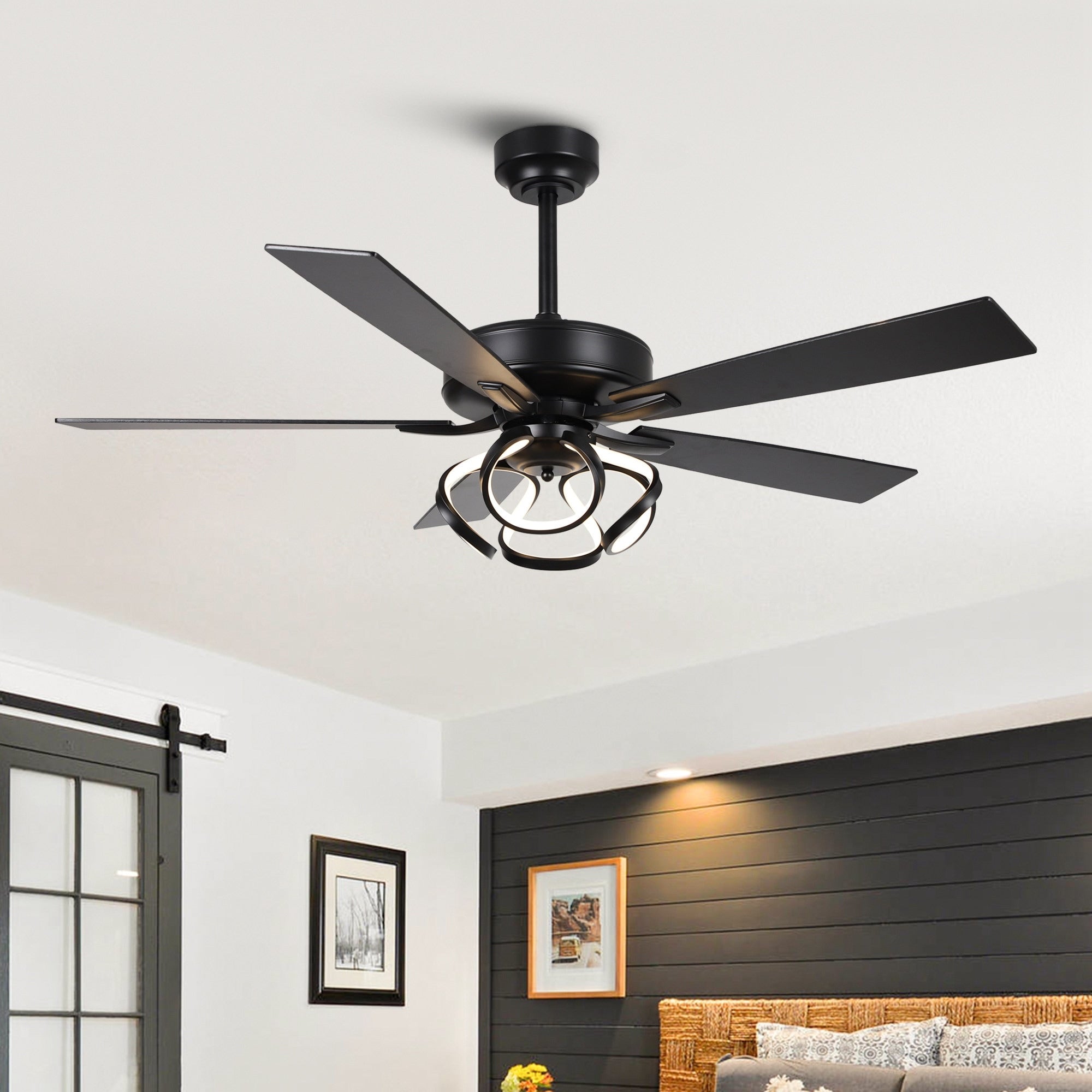 52 Modern Chrome/ Black Indoor Dimmable LED Ceiling Fan with Light and Remote
