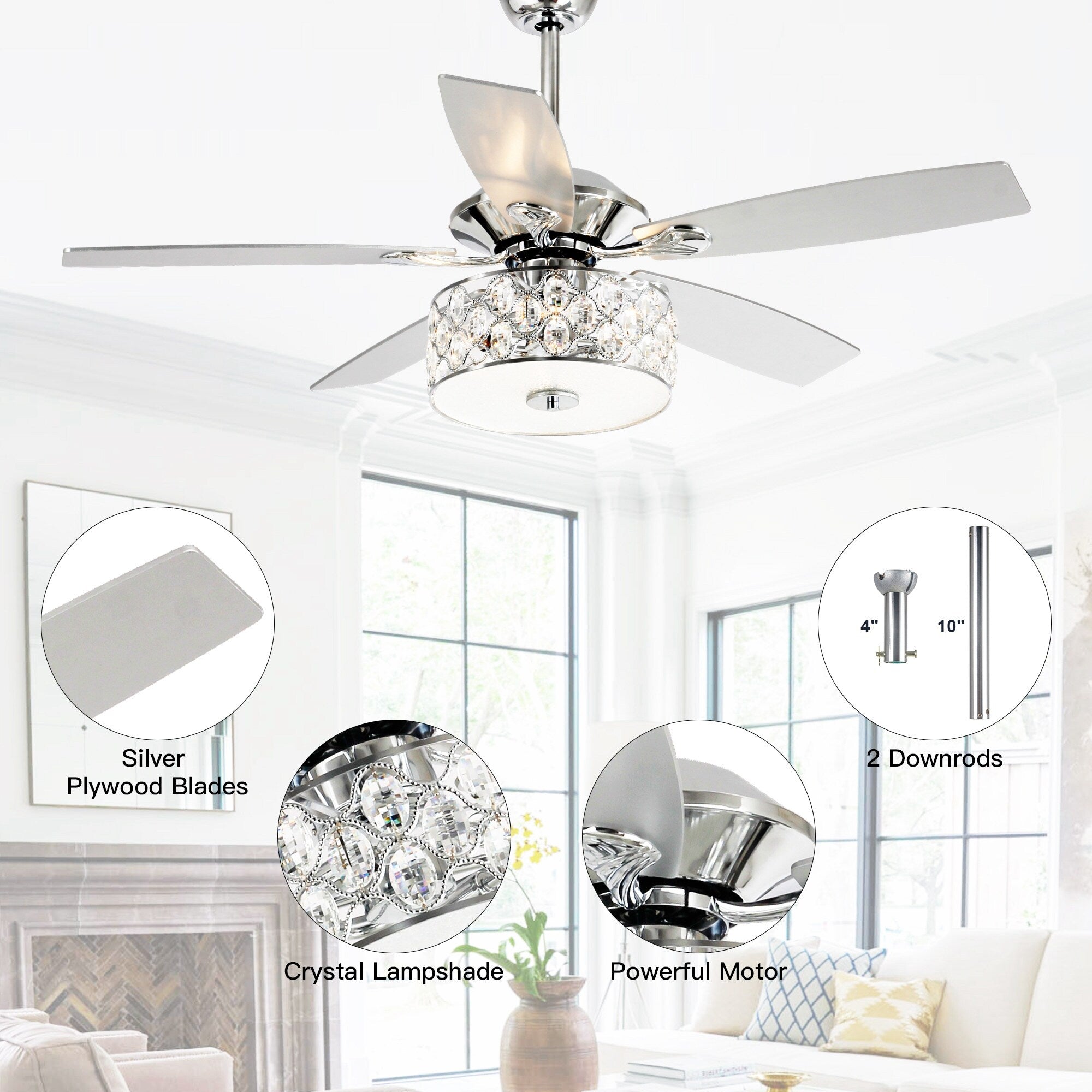 52 Modern 4-Light Chandelier Crystal Ceiling Fan with Remote