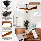 52 Wood 3-Blade Ceiling Fans with Dimmable LED Light and Remote, 6-Speed Reversible DC Motor - 52 inch