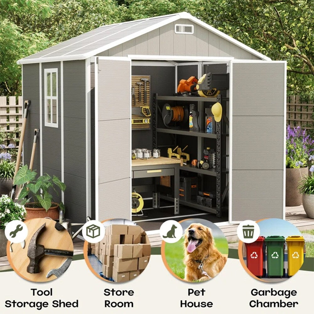 6 ft x 4 ft/6 ft x 8 ft/8 ft x 6 ft/8 ft x 10 ft All-Weather Resin Outdoor Plastic Storage Shed w/Floor, Spire Tool Shed