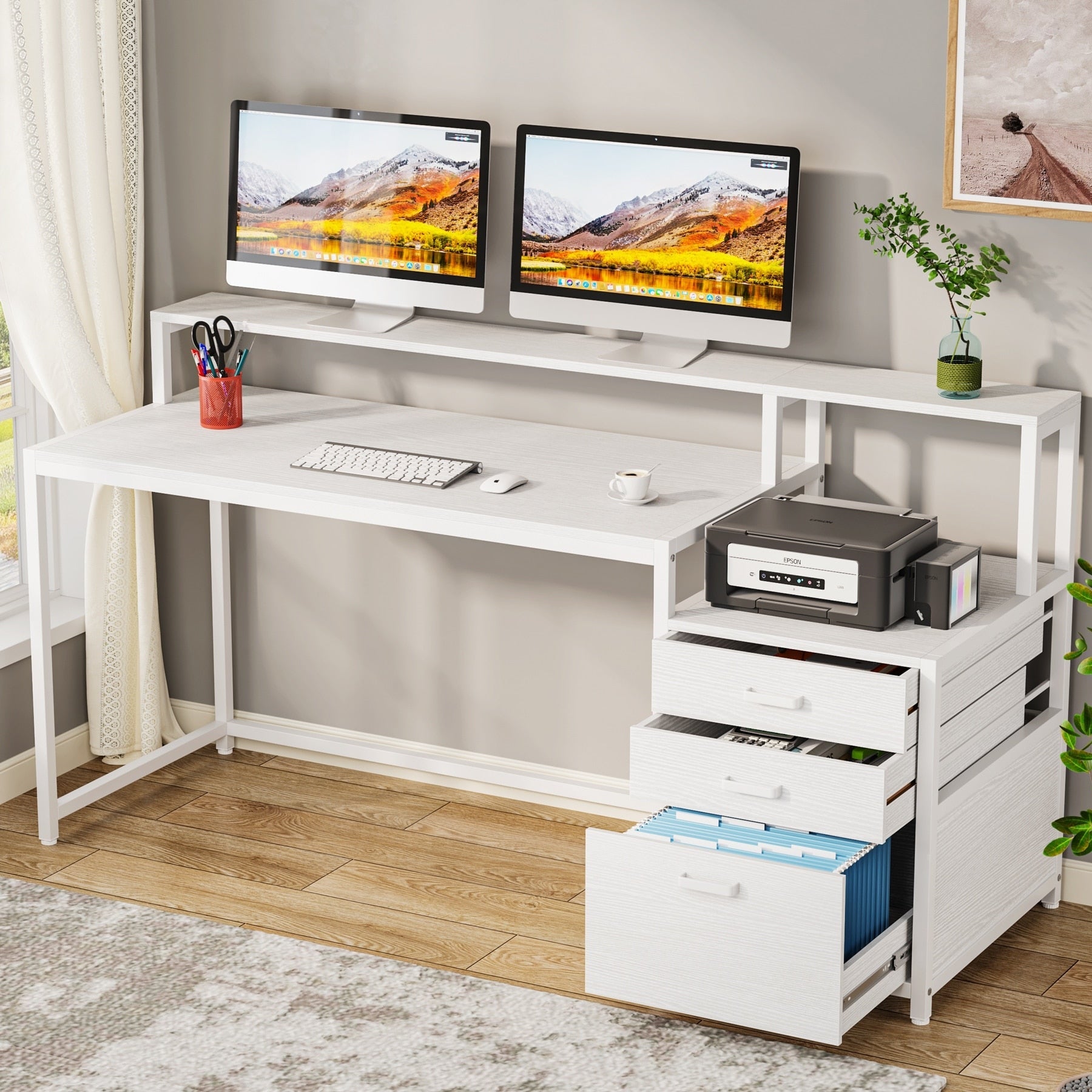 63 Computer Desk with Monitor Stand, Ergonomic Home Office Desks with Drawers File Cabinet