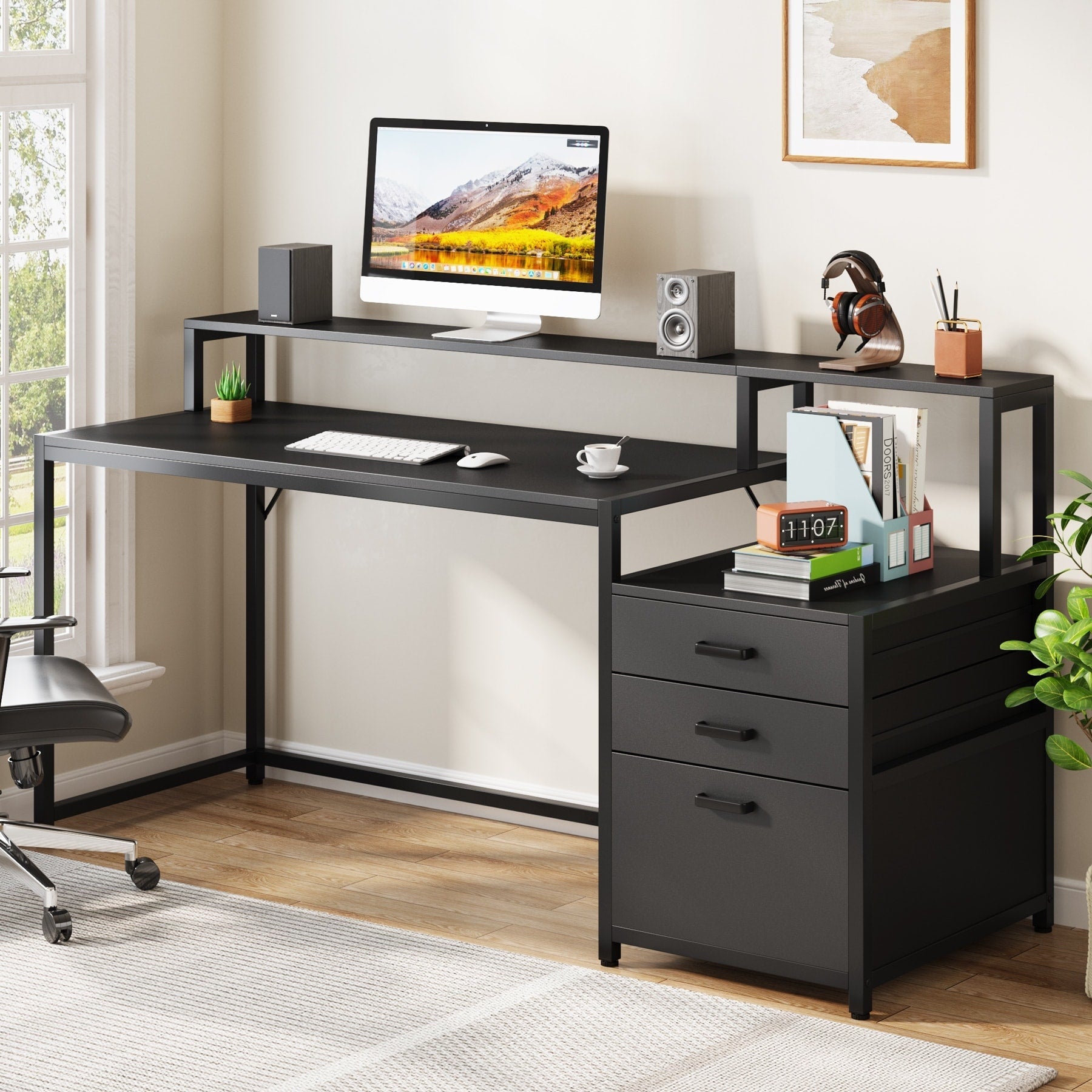 63 Computer Desk with Monitor Stand, Ergonomic Home Office Desks with Drawers File Cabinet