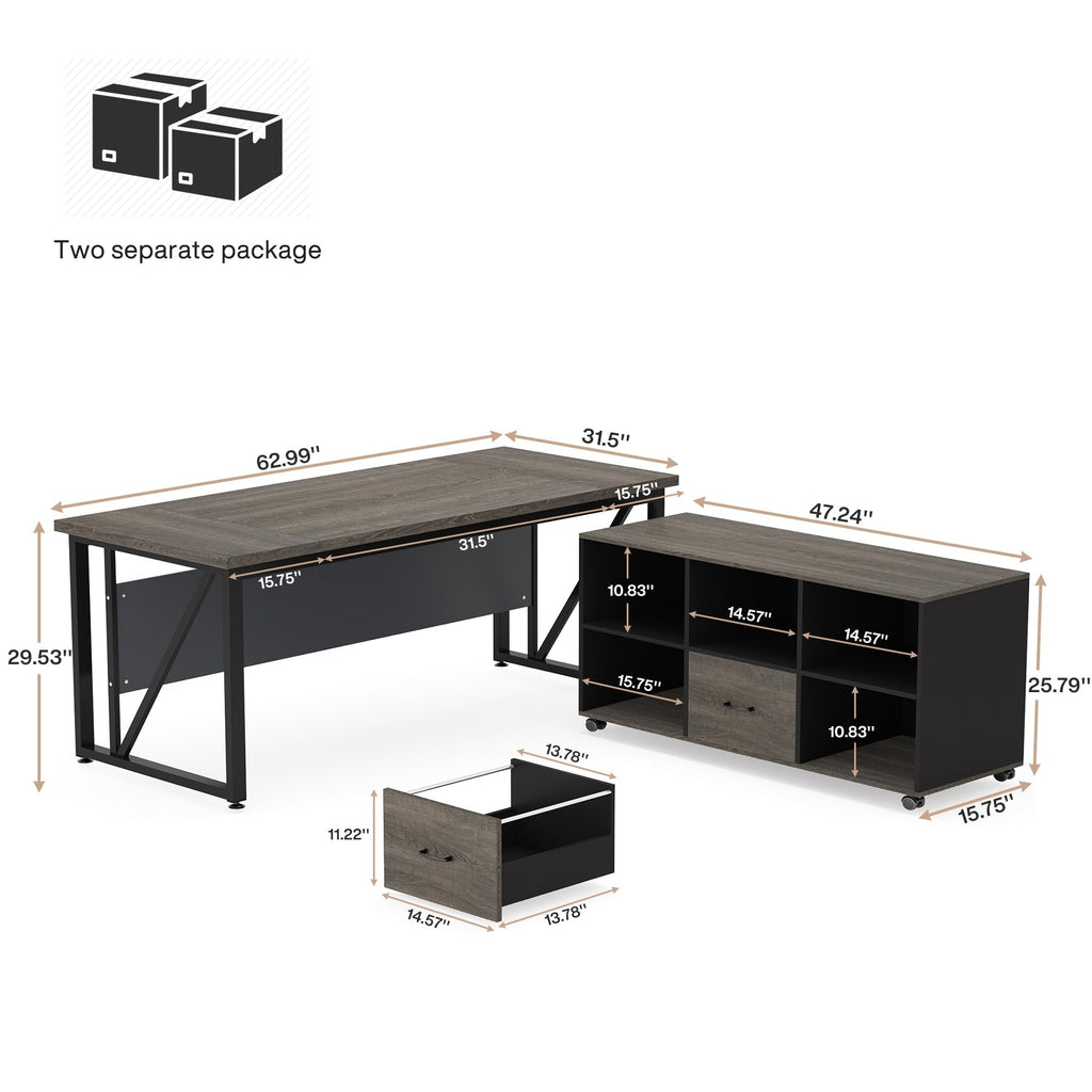 63 L-Shaped Computer Desk with 47 inches Lateral File Cabinet, Executive Desk Home Office Furniture Desk Set