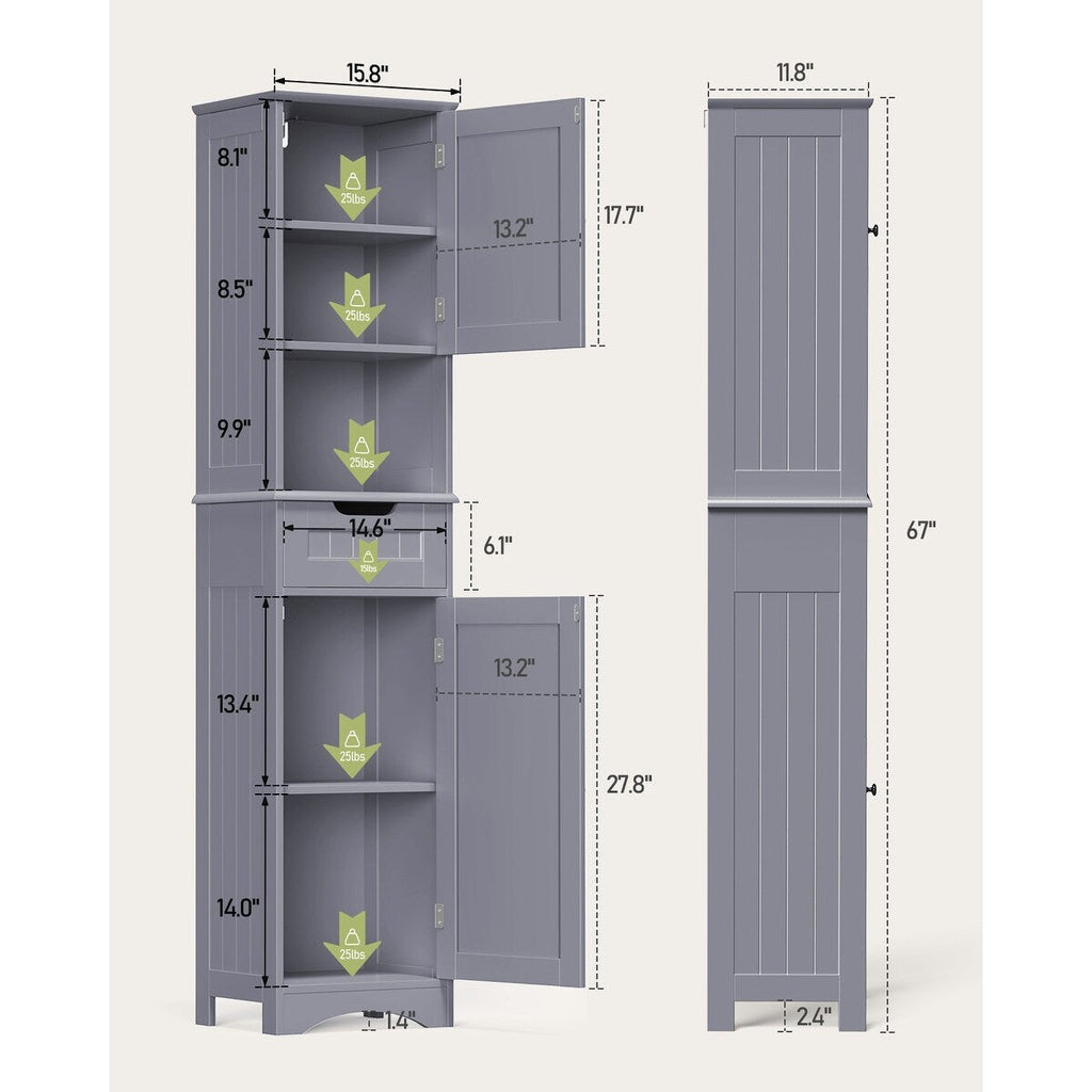 67'' Tall Bathroom Narrow Linen Cabinet, 5 Tiers Solid Wood Freestanding Storage Cabinet