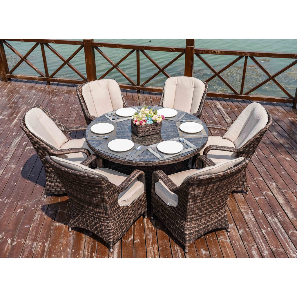 7 Pieces Outdoor Rattan Wicker Patio Round Dining Set with Cushions by Moda Furnishings