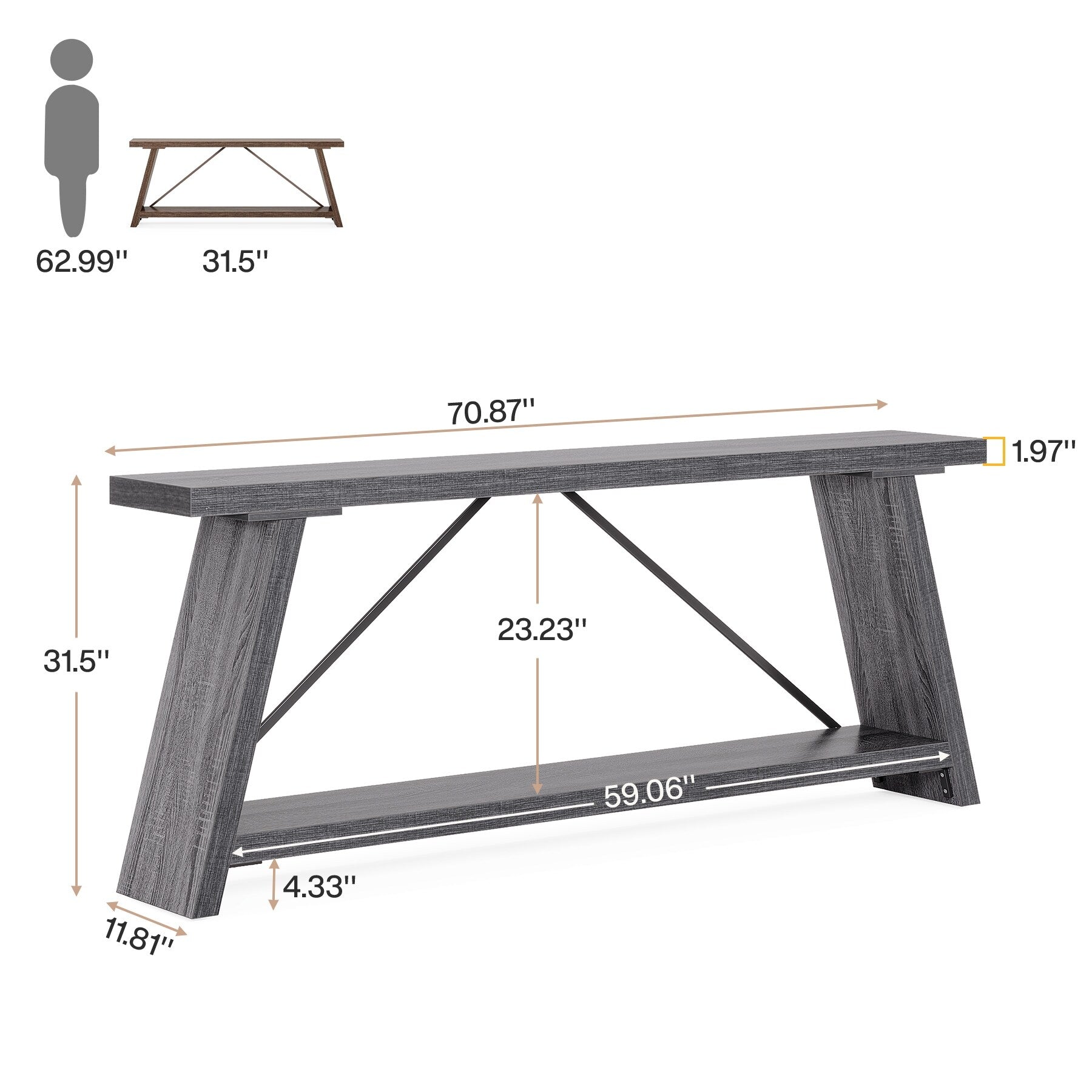 70.9 Inches Long Rustic Wood Console Sofa Table with Storage Shelf