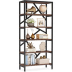 71 Industrial Bookshelf, 6 Tier Rustic Brown Wood Etagere Bookcase, Open Book Shelves