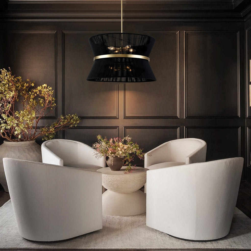 8-Light Modern Boho Large Drum Chandelier 24 inch Fabric Hourglass Hand-woven Chandelier in Gold/ Black for Dining/ Living Room