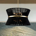 8-Light Modern Boho Large Drum Chandelier 24 inch Fabric Hourglass Hand-woven Chandelier in Gold/ Black for Dining/ Living Room