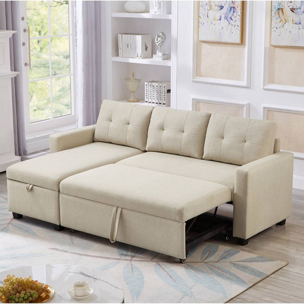 81.5'' Upholstered Convertible 3 Seater Sleeper Sofa with Pull-Out Bed, Reversible Storage Chaise, and Back Cushions