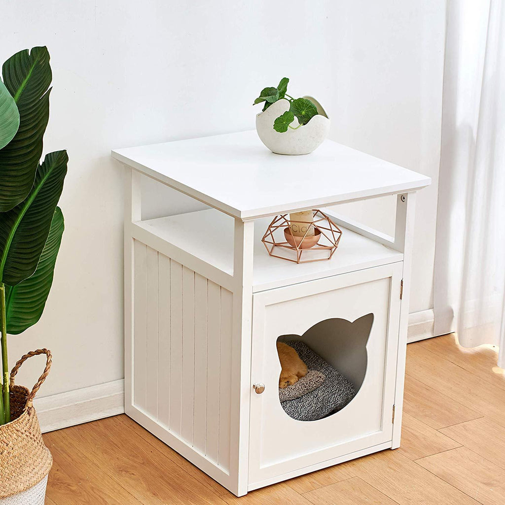 Bastet Wooden Cat Cave Bedside Cabinet Litter Box Cat House Nightstand White