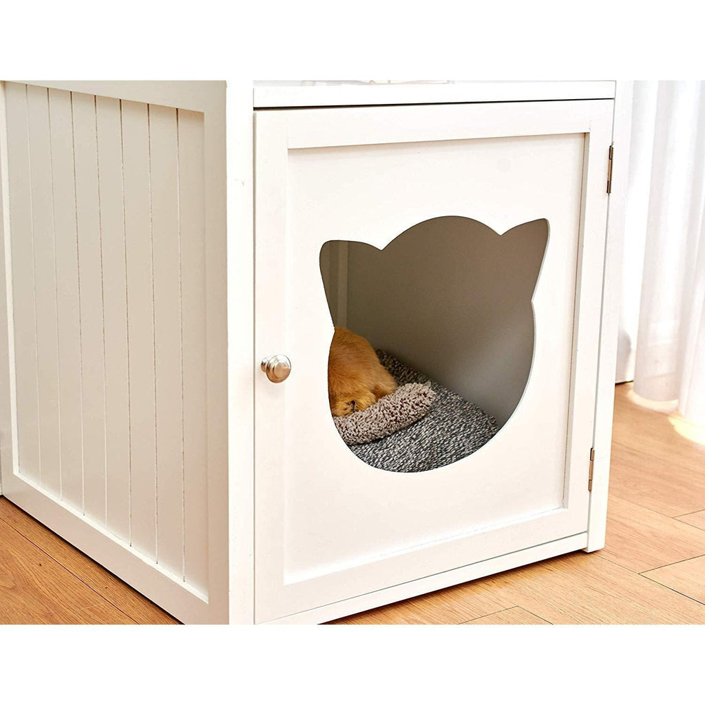 Bastet Wooden Cat Cave Bedside Cabinet Litter Box Cat House Nightstand White