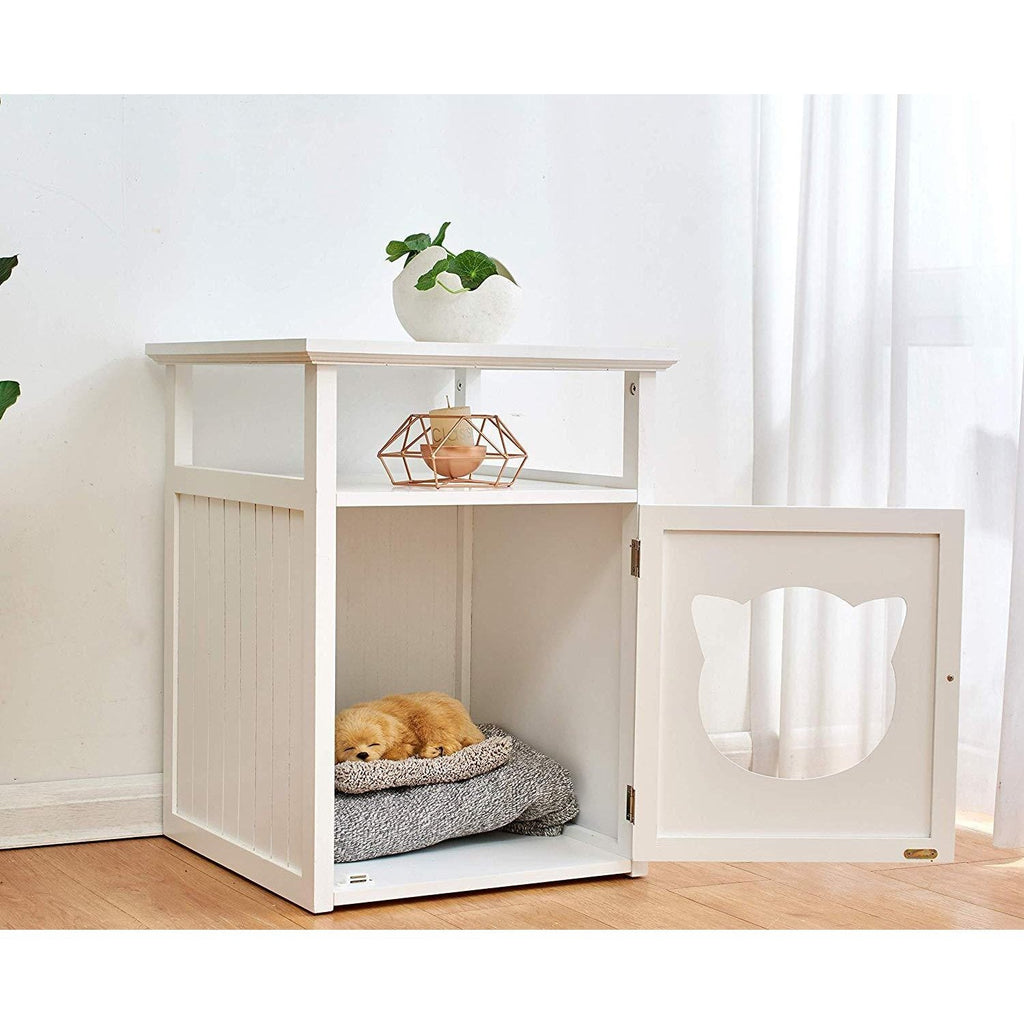 Bastet Wooden Cat Cave Bedside Cabinet Litter Box Cat House Nightstand White