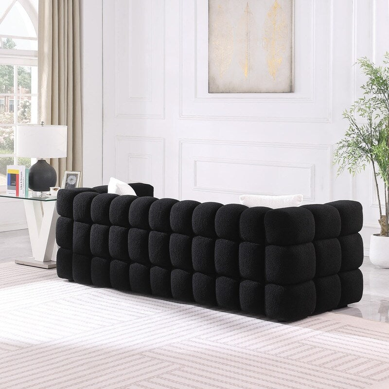 84.3 Luxurious Large Boucle Sofa 3 Seater Marshmallow Upholstered Sofa with 2pc Square Accent Pillows and Square Arm
