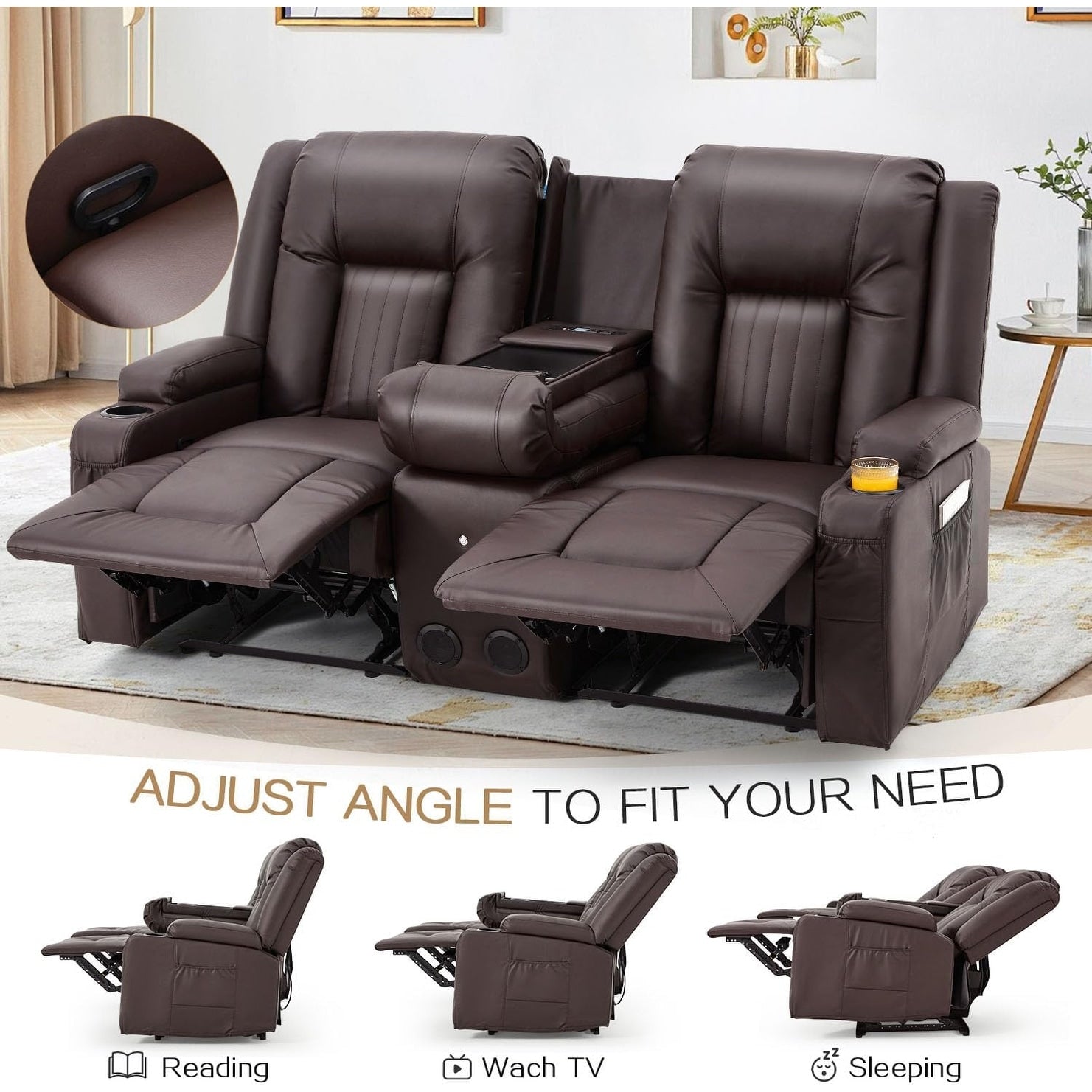 AECOJOY Recliner Sofa Manual RV Reclining Couch PU Home Theater Seating w/ Console