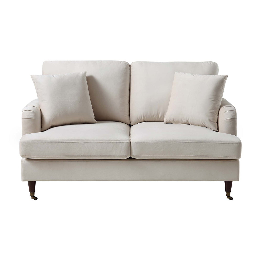 Brigette 2-Seater Beige Velvet Sofa with Antique Brass Castor Legs