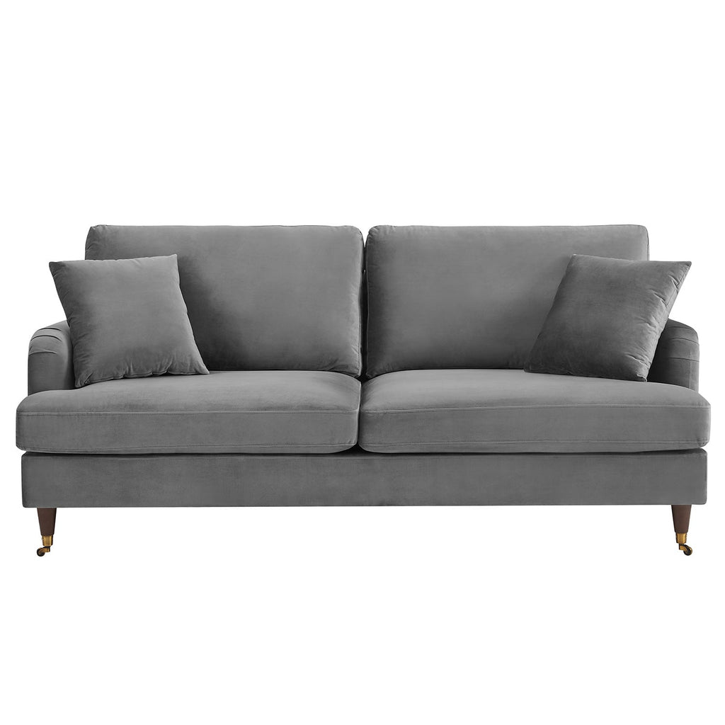 Brigette 3 Seater Grey Velvet Sofa with Antique Brass Castor Legs