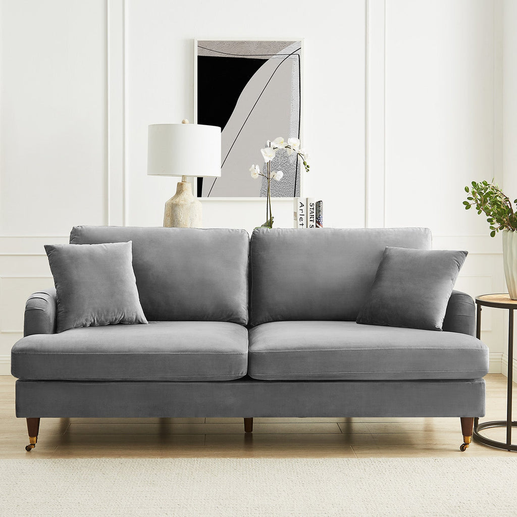 Brigette 3 Seater Grey Velvet Sofa with Antique Brass Castor Legs