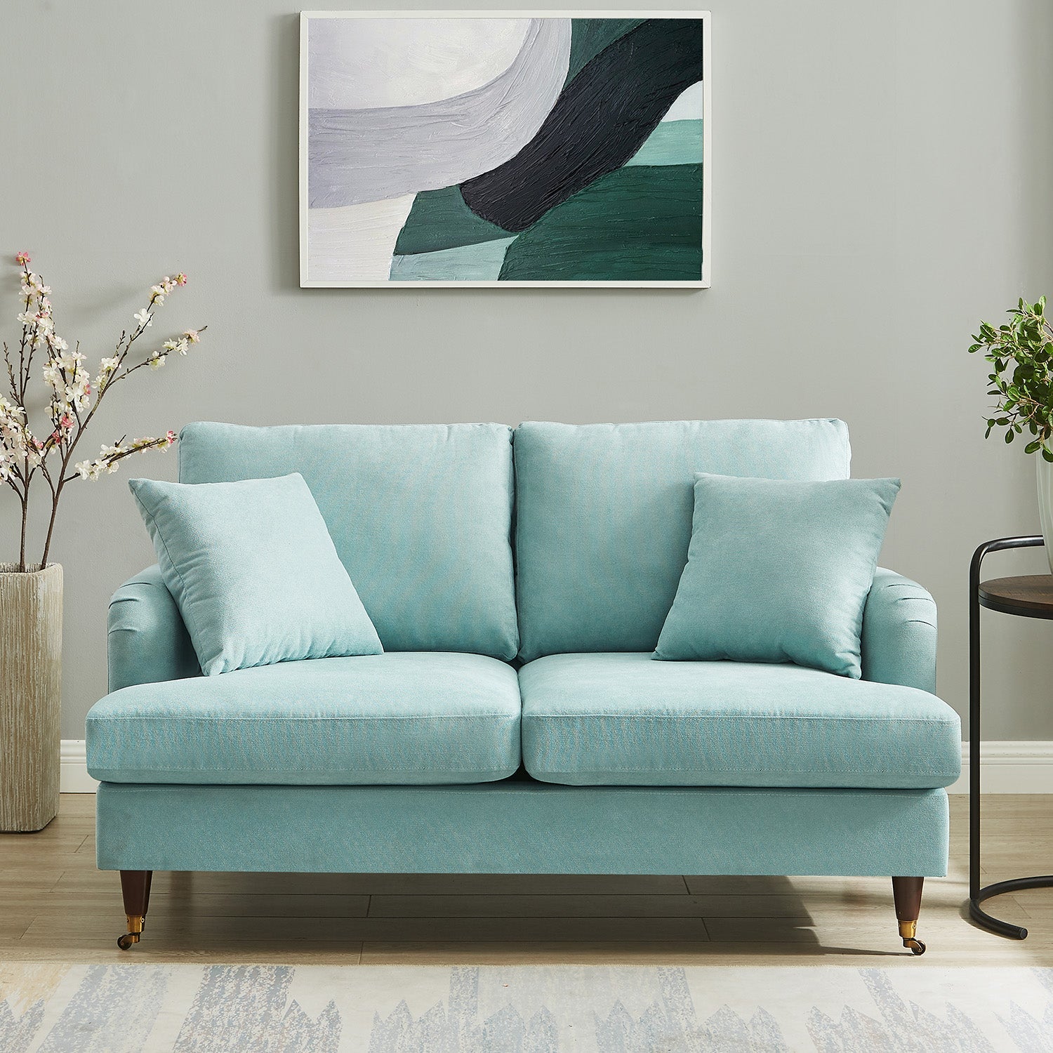 Brigette 2-Seater Mint Soft Brushed Sofa with Antique Brass Castor Legs