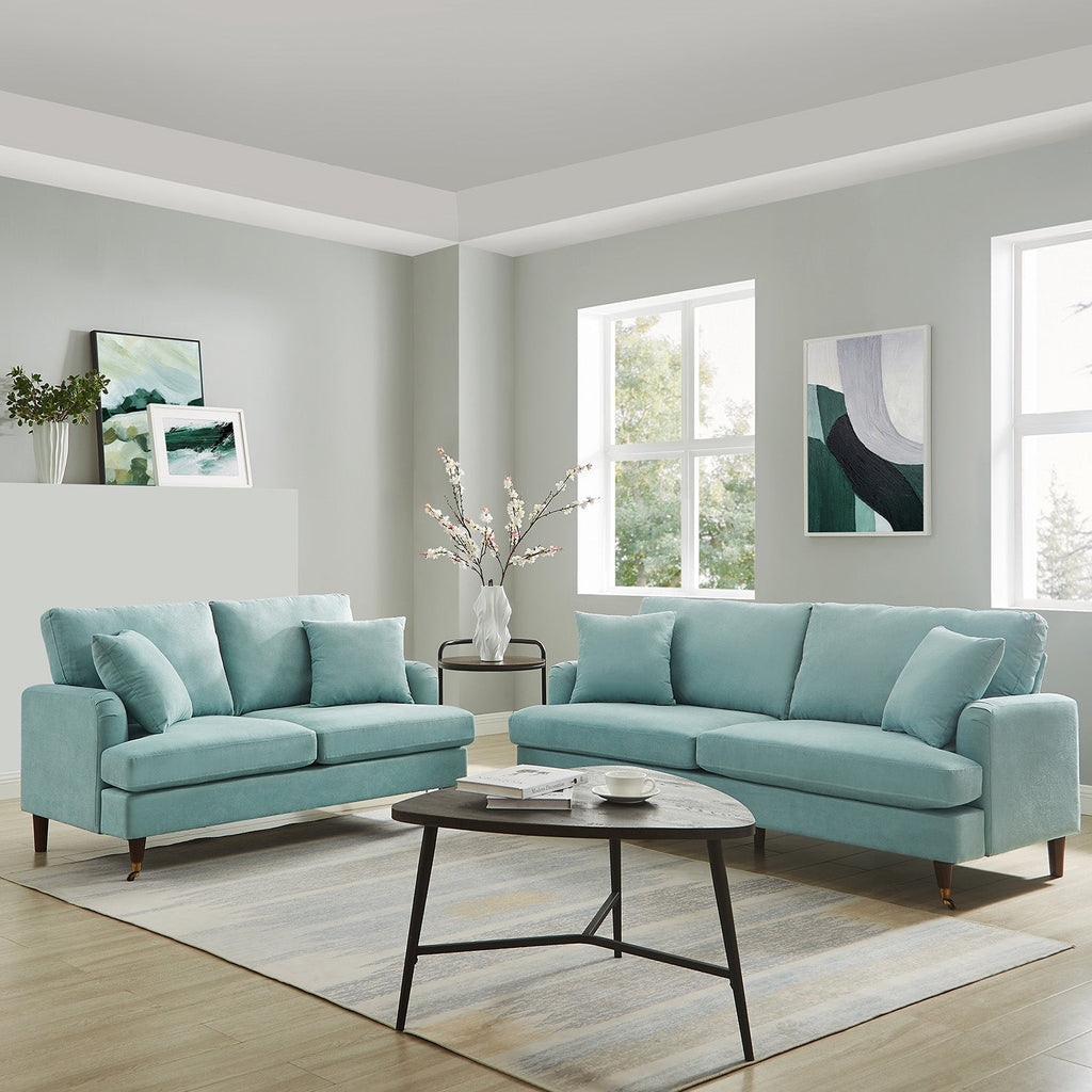 Brigette 2-Seater Mint Soft Brushed Sofa with Antique Brass Castor Legs