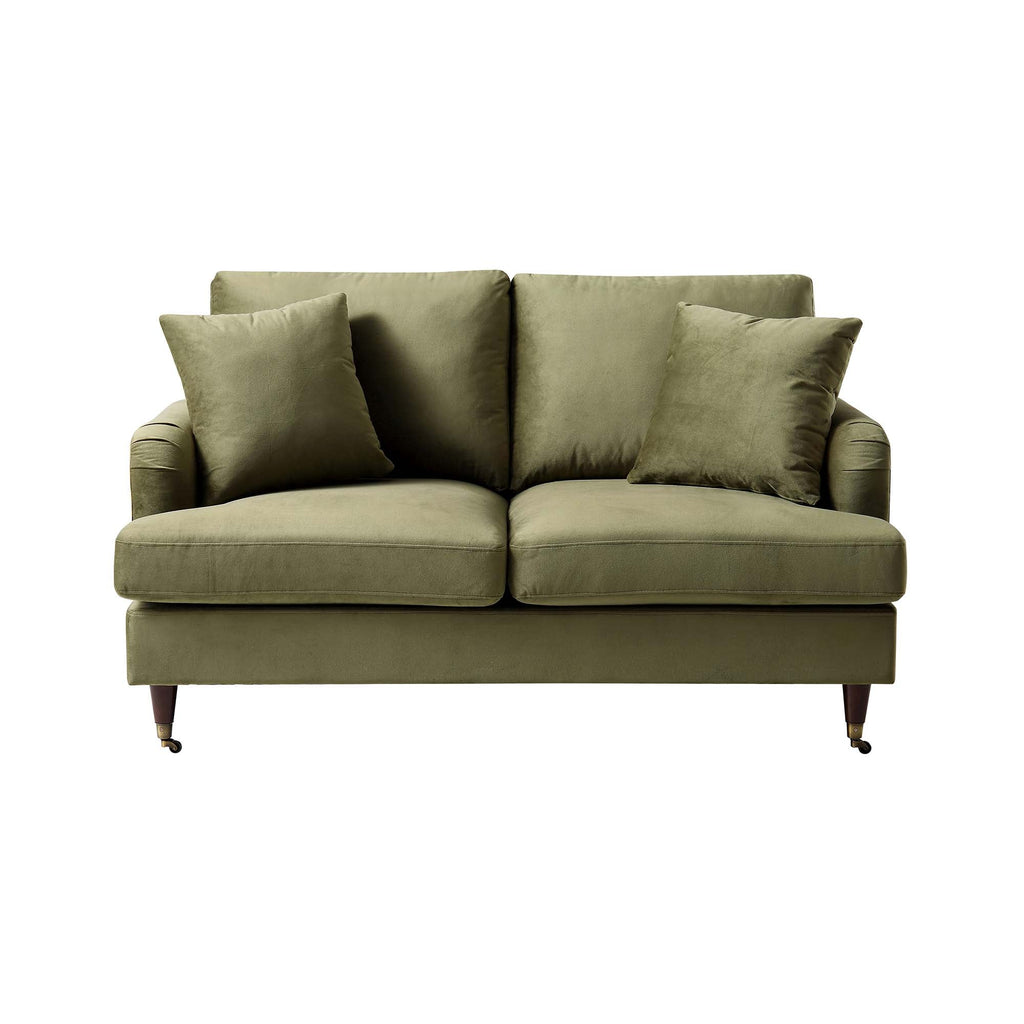Brigette 2-Seater Olive Green Velvet Sofa with Antique Brass Castor Legs